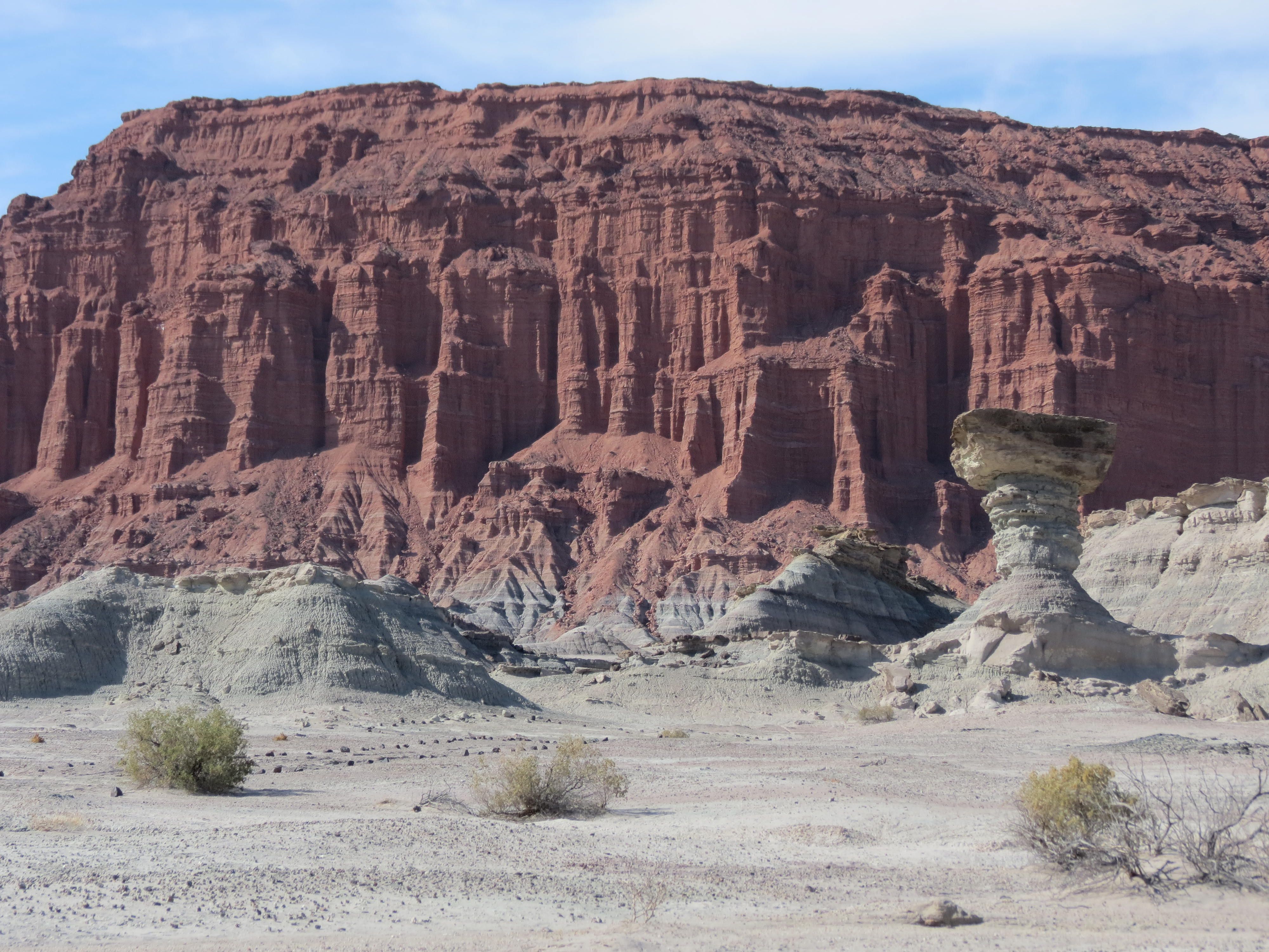 El Hongo frente a las barrancas rojizas del Parque Provincial Ischigualasto