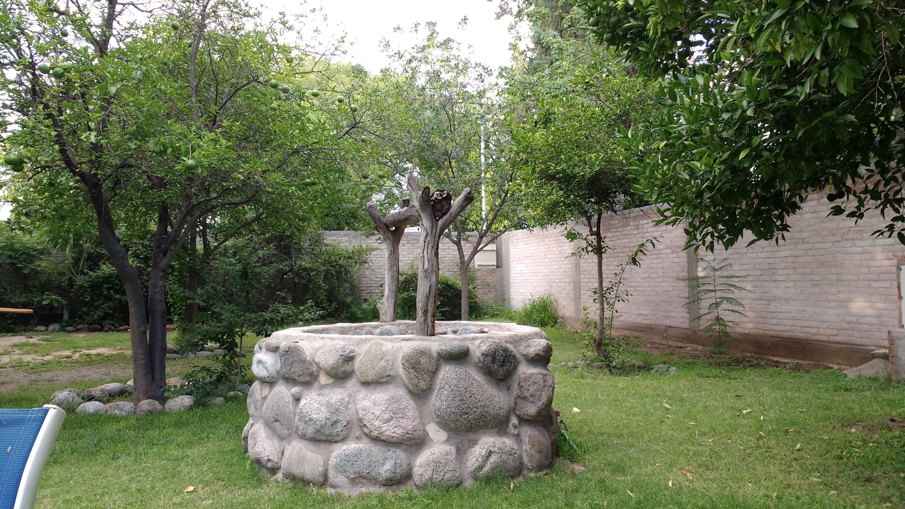 Jardín arbolado con pozo decorativo de piedra